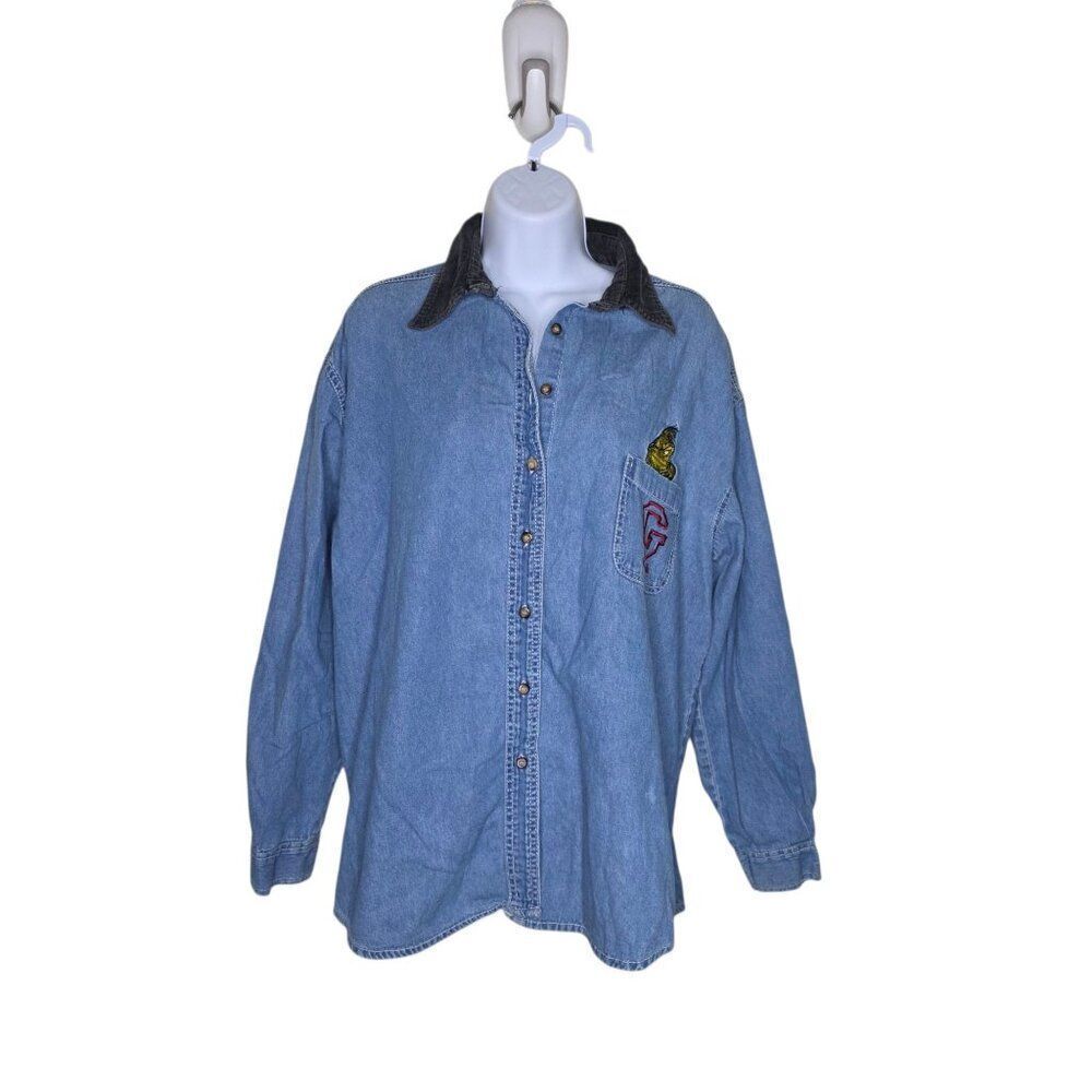 Vintage 90s Grinch Button Up Denim Shirt Womens Size 2XL Blue Jean